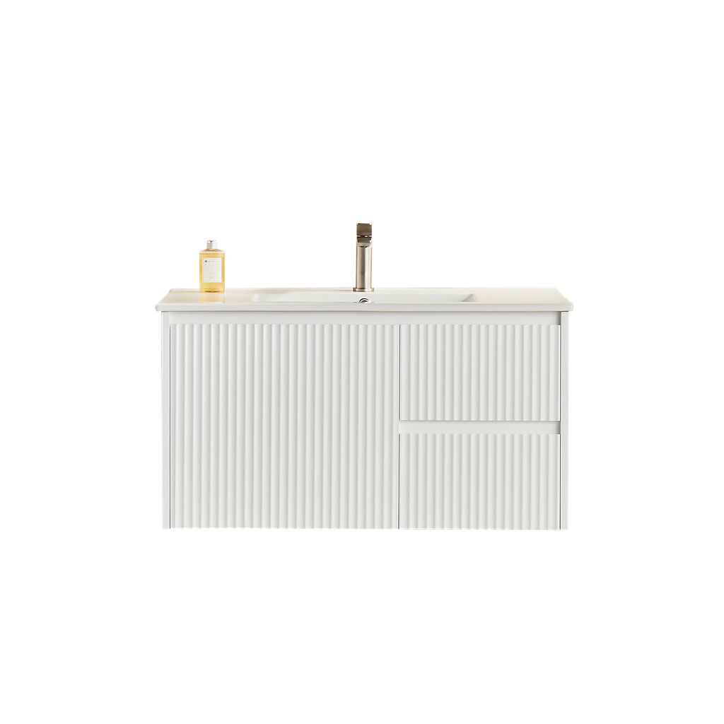 [56602] 890X455X480mm Matte White Crete Modern Fluted Wall Hung Vanity PVC Cabinet,Right Hand Drawers
