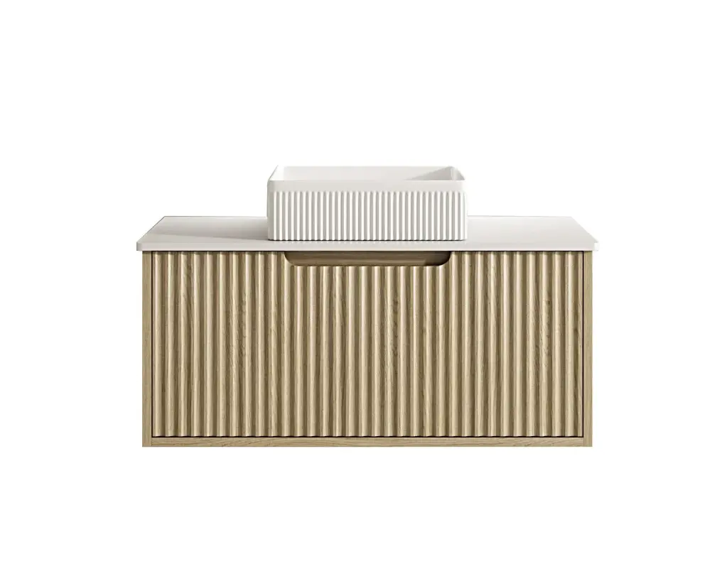 [50571] 890x455x390 Natural Oak Premium Straight Edge Wall Hung vanity With White  Stone Top