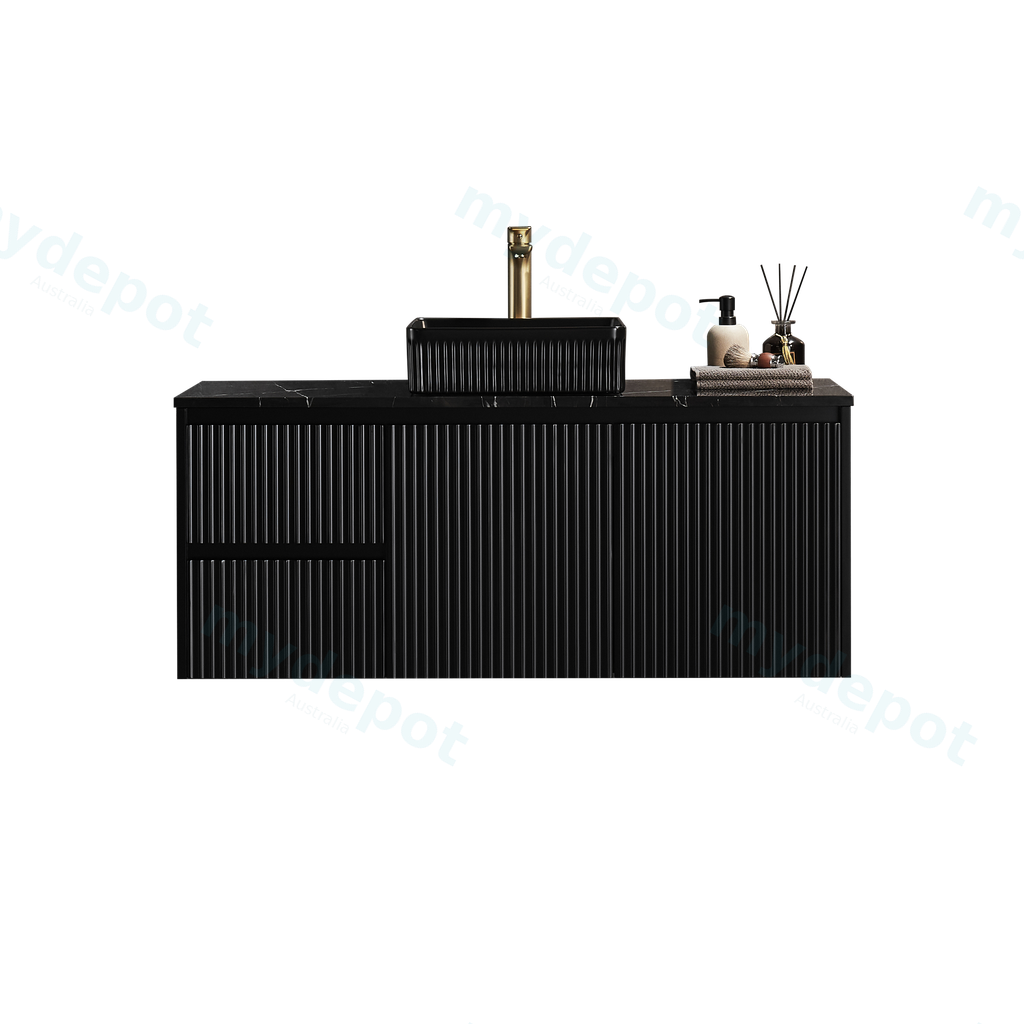 890x455x480mm Matte Black Crete Modern Fluted Wall Hung Vanity PVC Cabinet,Left Hand Drawers