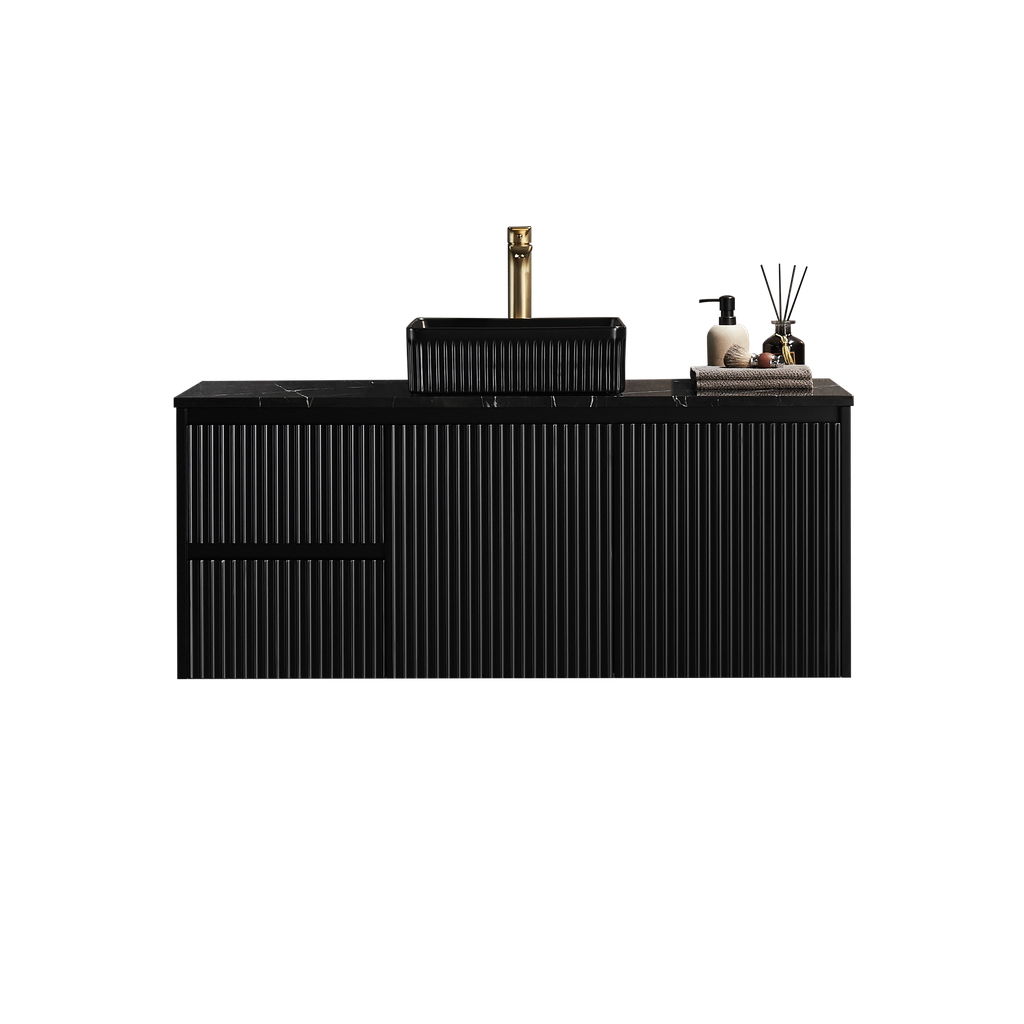 [56611] 890x455x480mm Matte Black Crete Modern Fluted Wall Hung Vanity PVC Cabinet,Left Hand Drawers