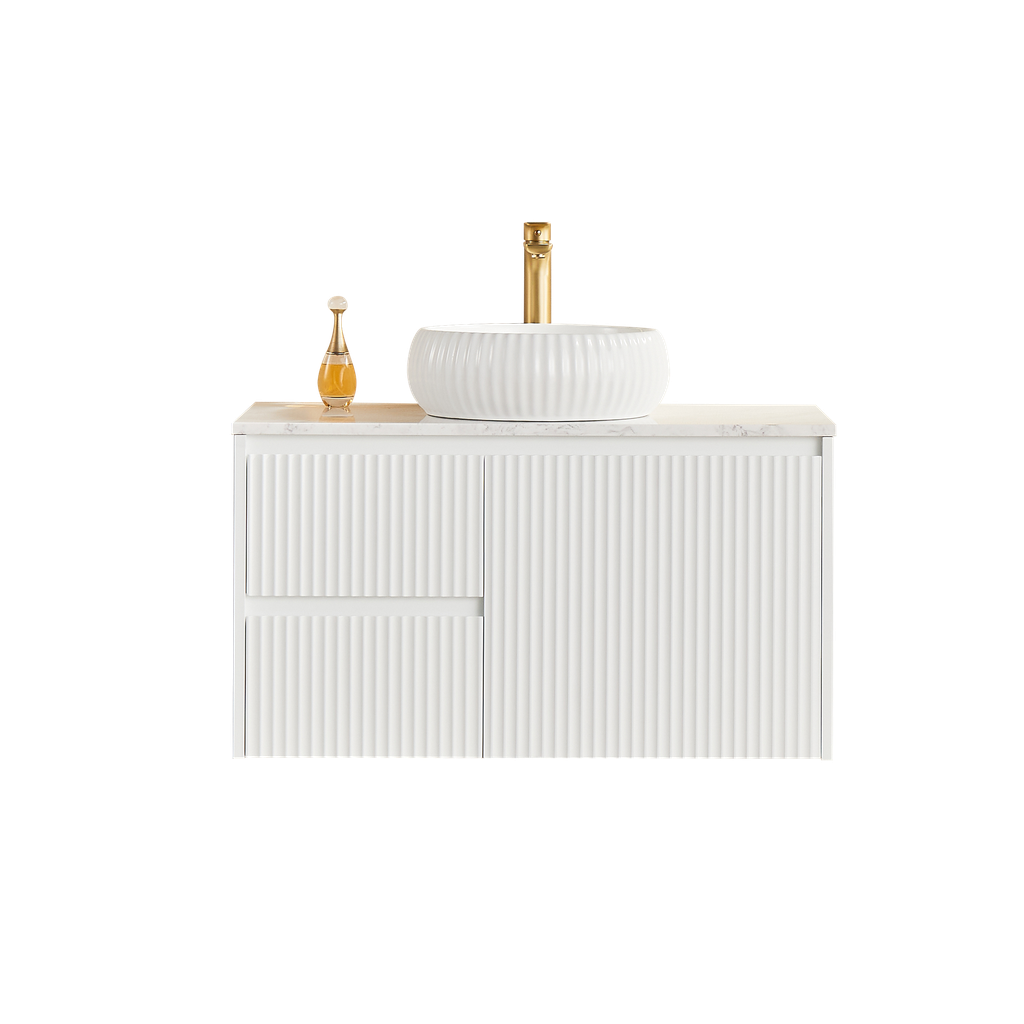 890x455x480mm Matte White Crete Modern Fluted Wall Hung Vanity PVC Cabinet,Left Hand Drawers