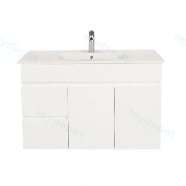900*450*560mm Wall Hung Gloss White PVC Vanity Left Drawer With Ceramic Top