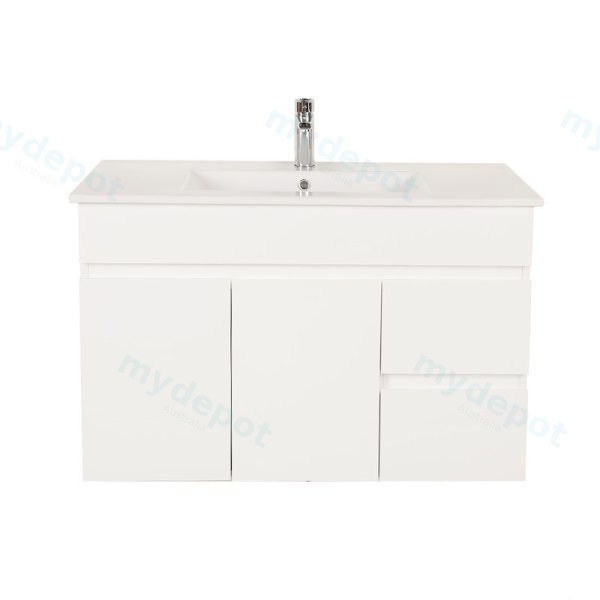 900*450*560mm Wall Hung Gloss White PVC Vanity Right Drawer With Ceramic Top