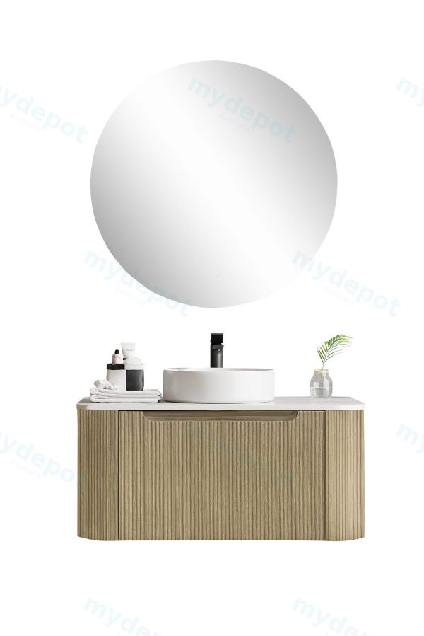 900*460*400mm Bur Oak Round Edge Grooved Wall Hung Vanity Cabinet Only Soft Closed Single Drawer