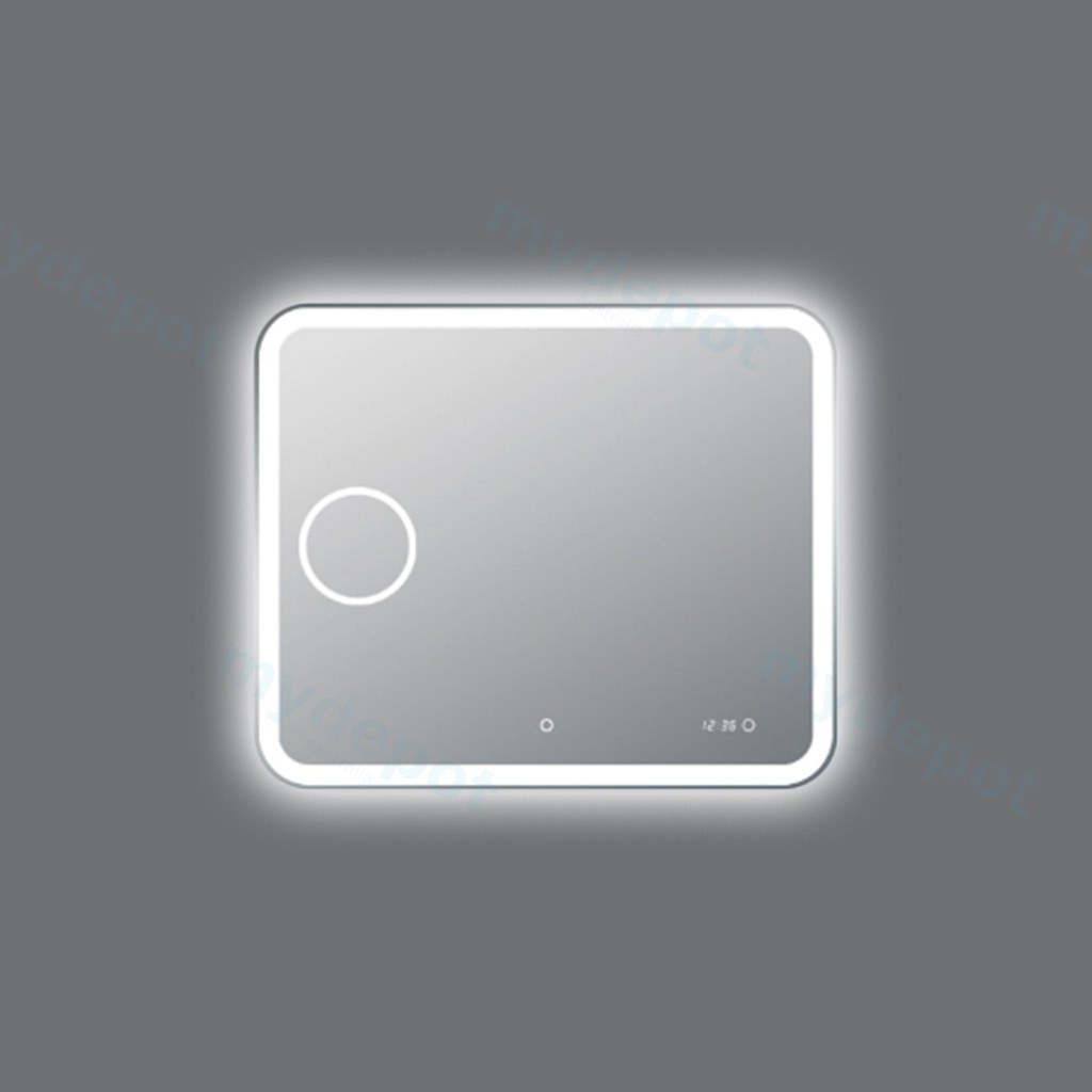 [41233] 900*750mm Curved Rim Rectangle 3 Color Lighting Backlit Acrylic LED Mirror Magnifier Touch Sensor Switch Defogger Pad Wall Mounted Digital Clock with Temperature