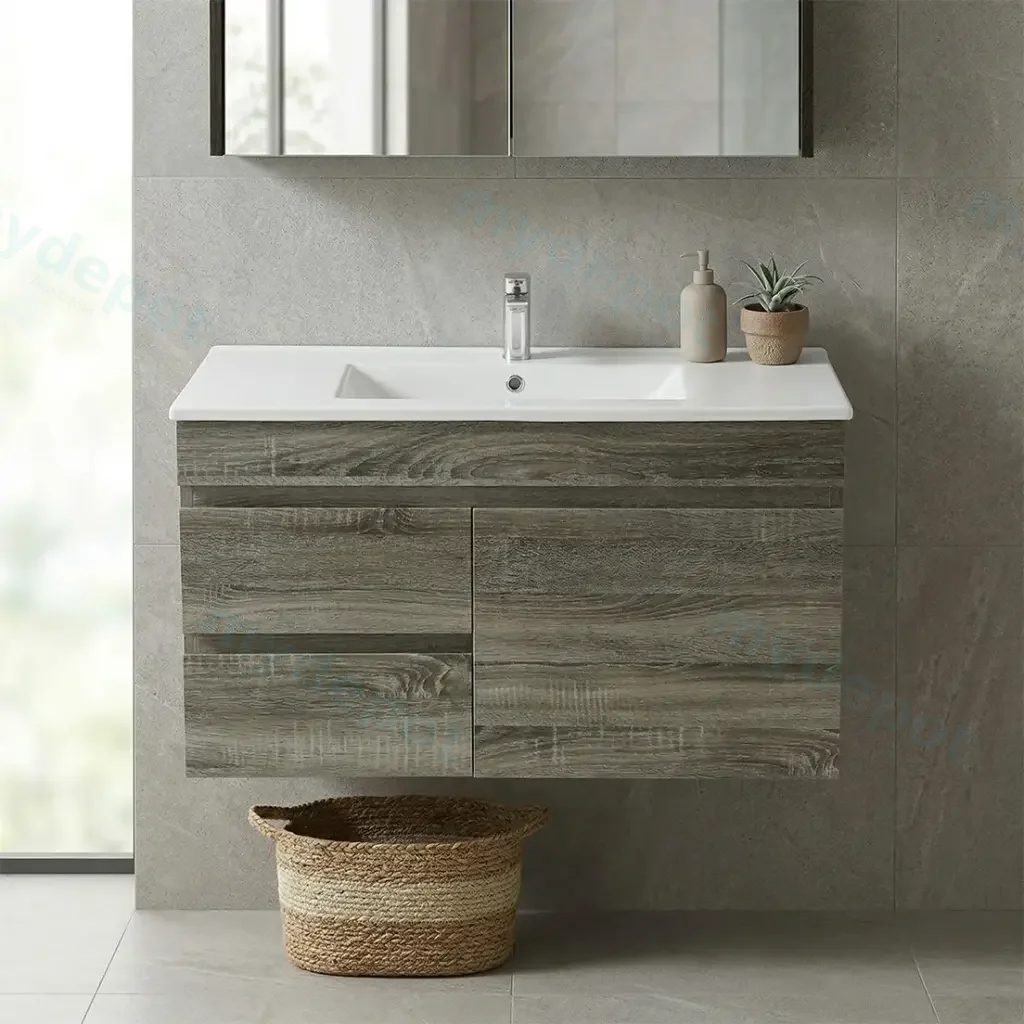 900mm Dark Grey MDF Wall Hung Bathroom Vanity Cabinet Only Right Drawer PVC Vacuum Filmed