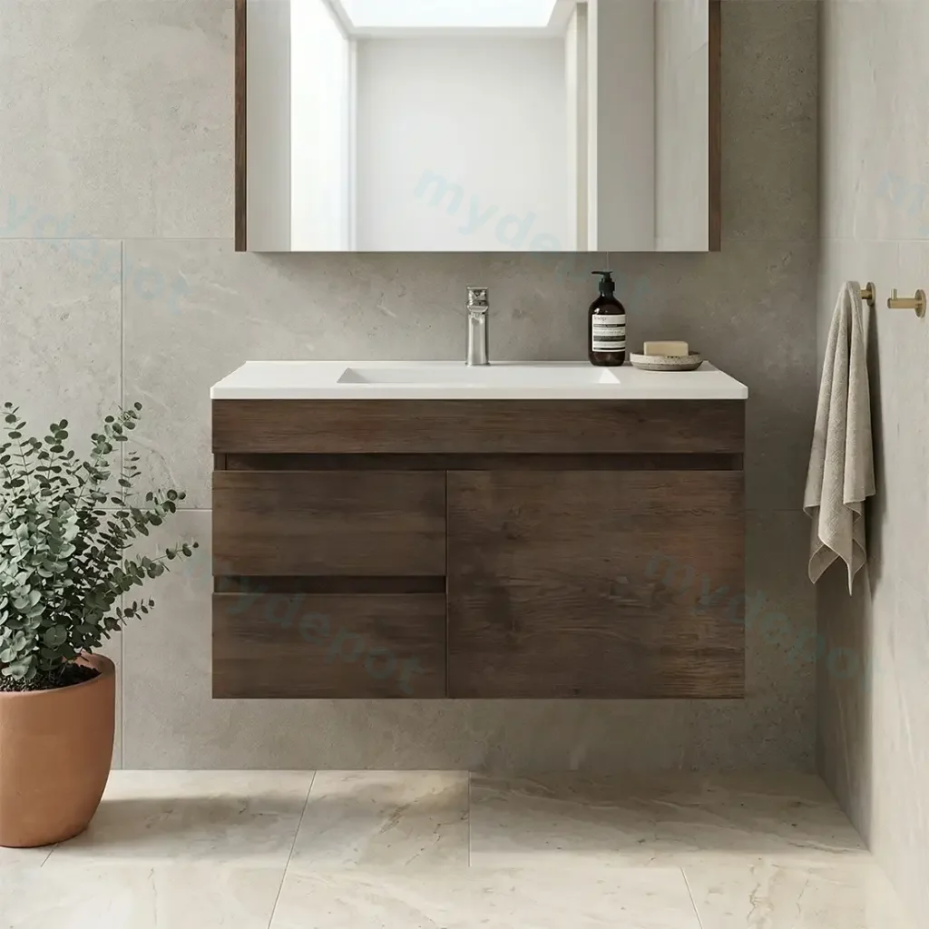 900mm Dark Oak MDF Wall Hung Bathroom Vanity Cabinet Only Right Drawer PVC Vacuum Filmed
