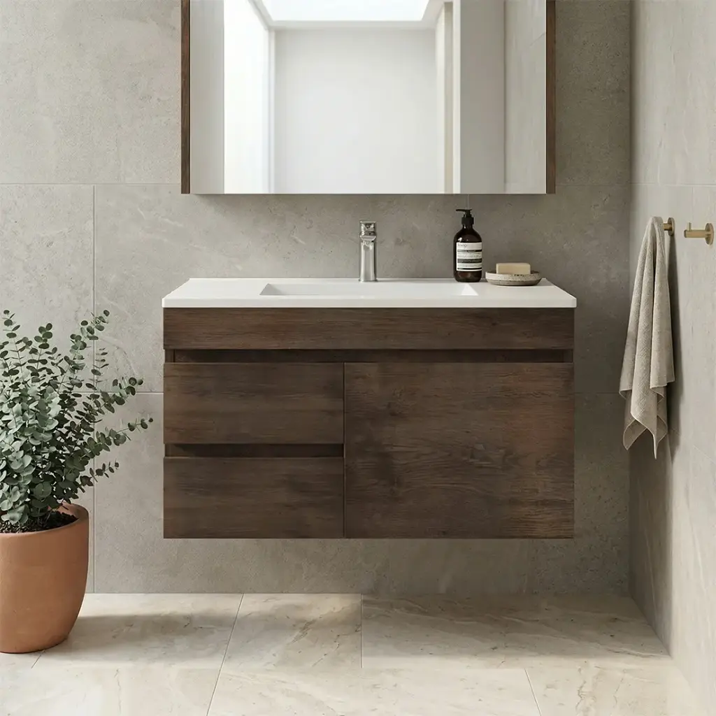 [93167/B94LW-DO] 900mm Dark Oak MDF Wall Hung Bathroom Vanity Cabinet Only Right Drawer PVC Vacuum Filmed