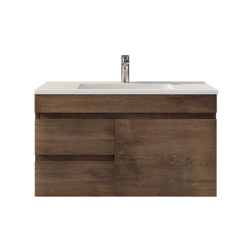 [93167/B94LW-DO] 900mm Dark Oak MDF Wall Hung Bathroom Vanity Cabinet Right Drawer PVC Vacuum Filmed