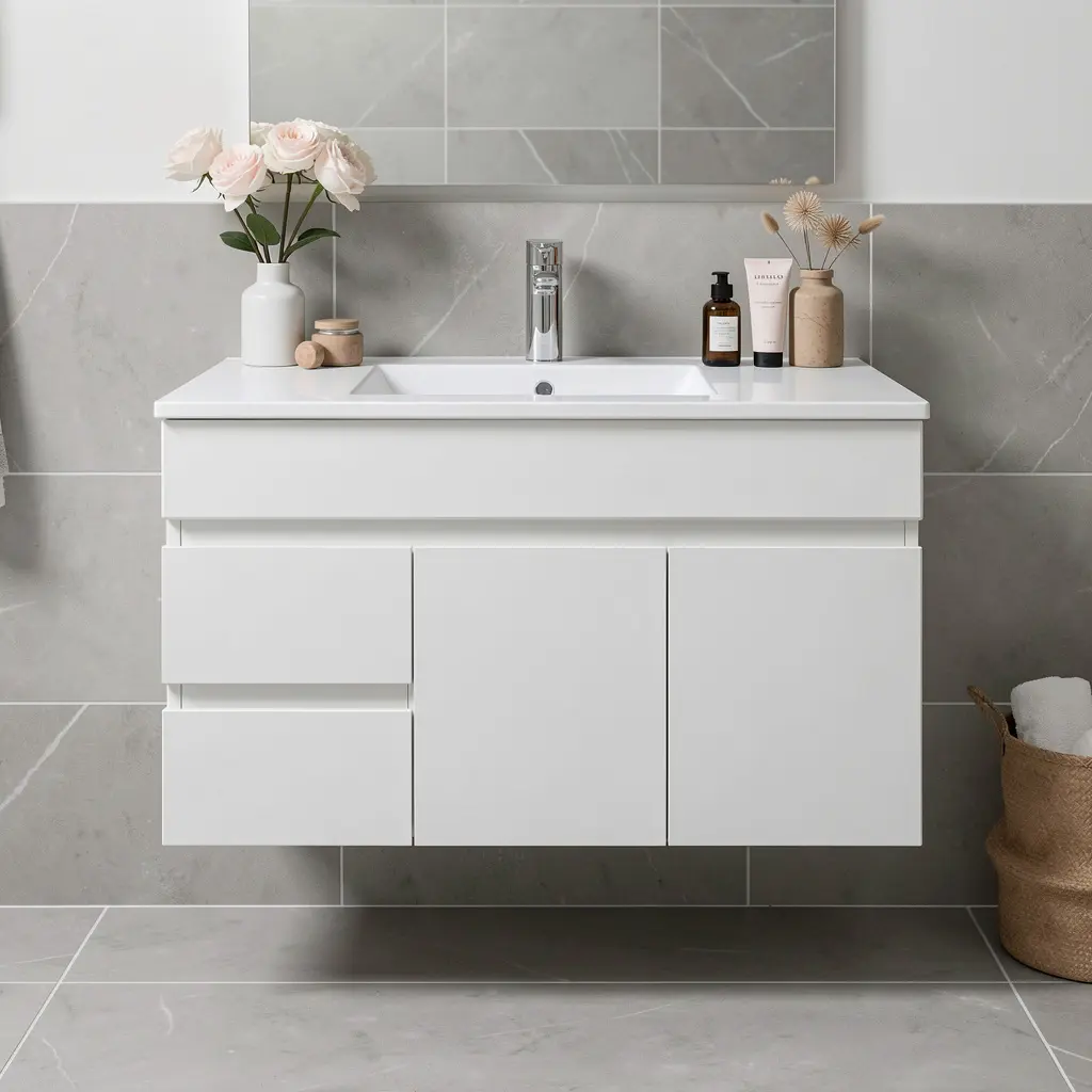 [91020/M94WL] 900Lx500Hx450Dmm Gloss White 2PAC MDF 2L/DW 2R/DR Wall Hung Vanity