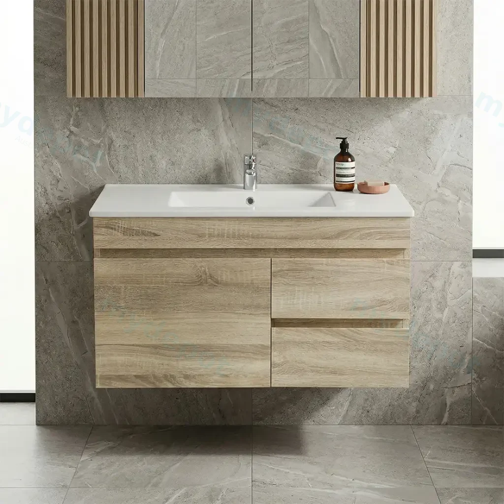 900mm White Oak MDF Wall Hung Bathroom Vanity Cabinet Only Left Drawer PVC Vacuum Filmed