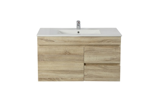 900mm White Oak MDF Wall Hung Bathroom Vanity Cabinet Only Left Drawer PVC Vacuum Filmed
