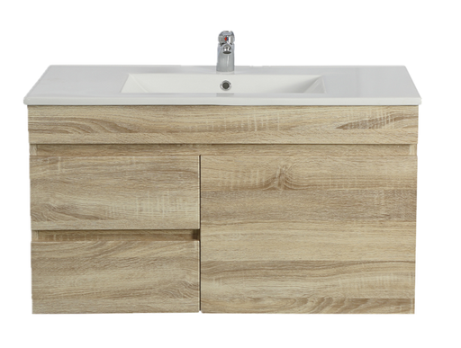 900mm White Oak MDF Wall Hung Bathroom Vanity Cabinet Only Right Drawer PVC Vacuum Filmed