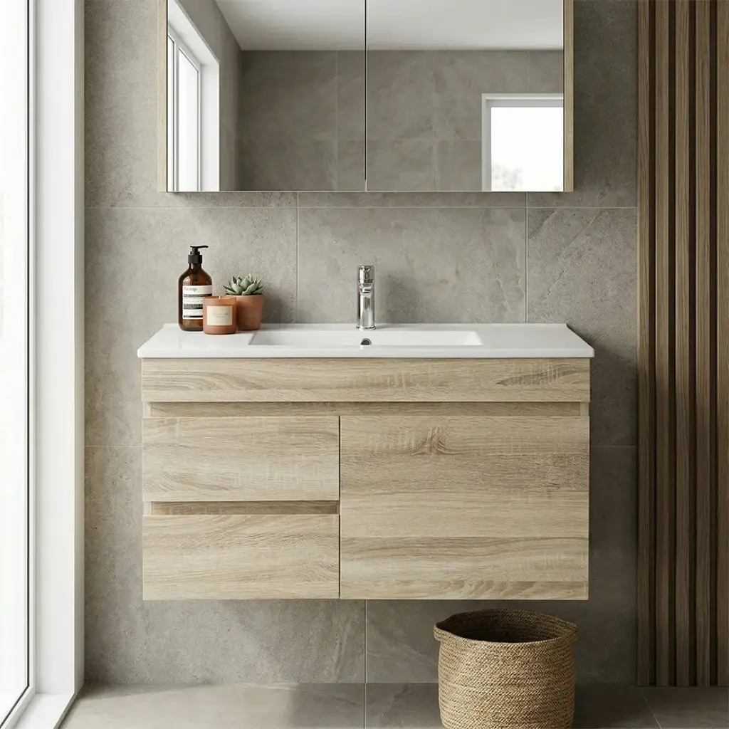 [93165/B94LW-WO] 900mm White Oak MDF Wall Hung Bathroom Vanity Cabinet Only Right Drawer PVC Vacuum Filmed