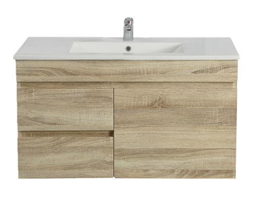 [93165/B94LW-WO] 900mm White Oak MDF Wall Hung Bathroom Vanity Cabinet Right Drawer PVC Vacuum Filmed