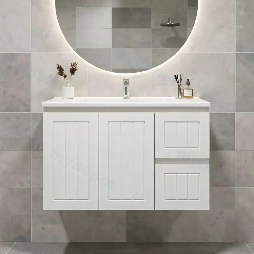 [91089/AM94WR-MW] 900Lx550Hx460Dmm Amber Matte White 2PAC MDF 2R/DW 2L/DR Wall Hung Vanity