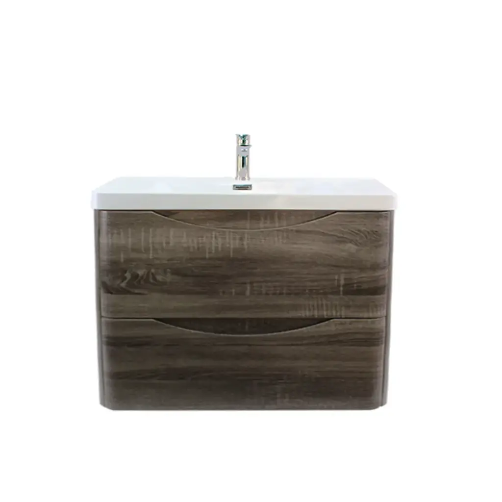 900mm Dark Grey MDF Board with PVC Vacuum Filmed Two Drawers Curved Wall Hung Vanity Cabinet Only