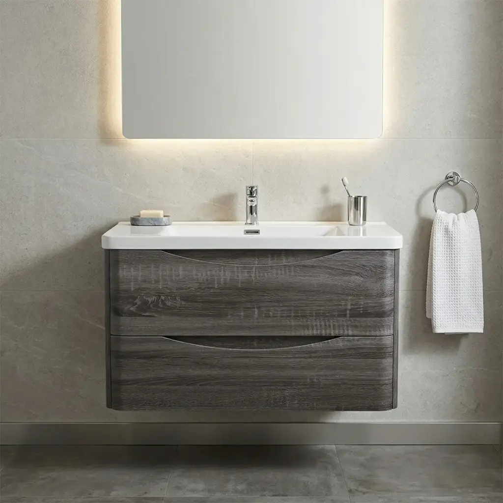 [93242/OW900DG] 900mm Dark Grey MDF Board with PVC Vacuum Filmed Two Drawers Curved Wall Hung Vanity Cabinet Only