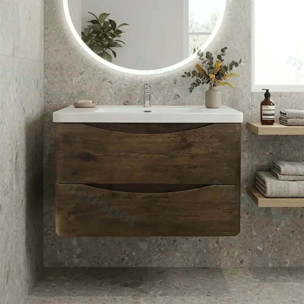 900mm Dark Oak MDF Board with PVC Vacuum Filmed Two Drawers Curved Wall Hung Vanity Cabinet Only
