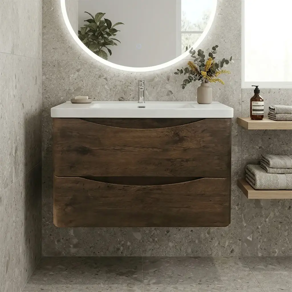 [93243/OW900DO] 900mm Dark Oak MDF Board with PVC Vacuum Filmed Two Drawers Curved Wall Hung Vanity Cabinet Only