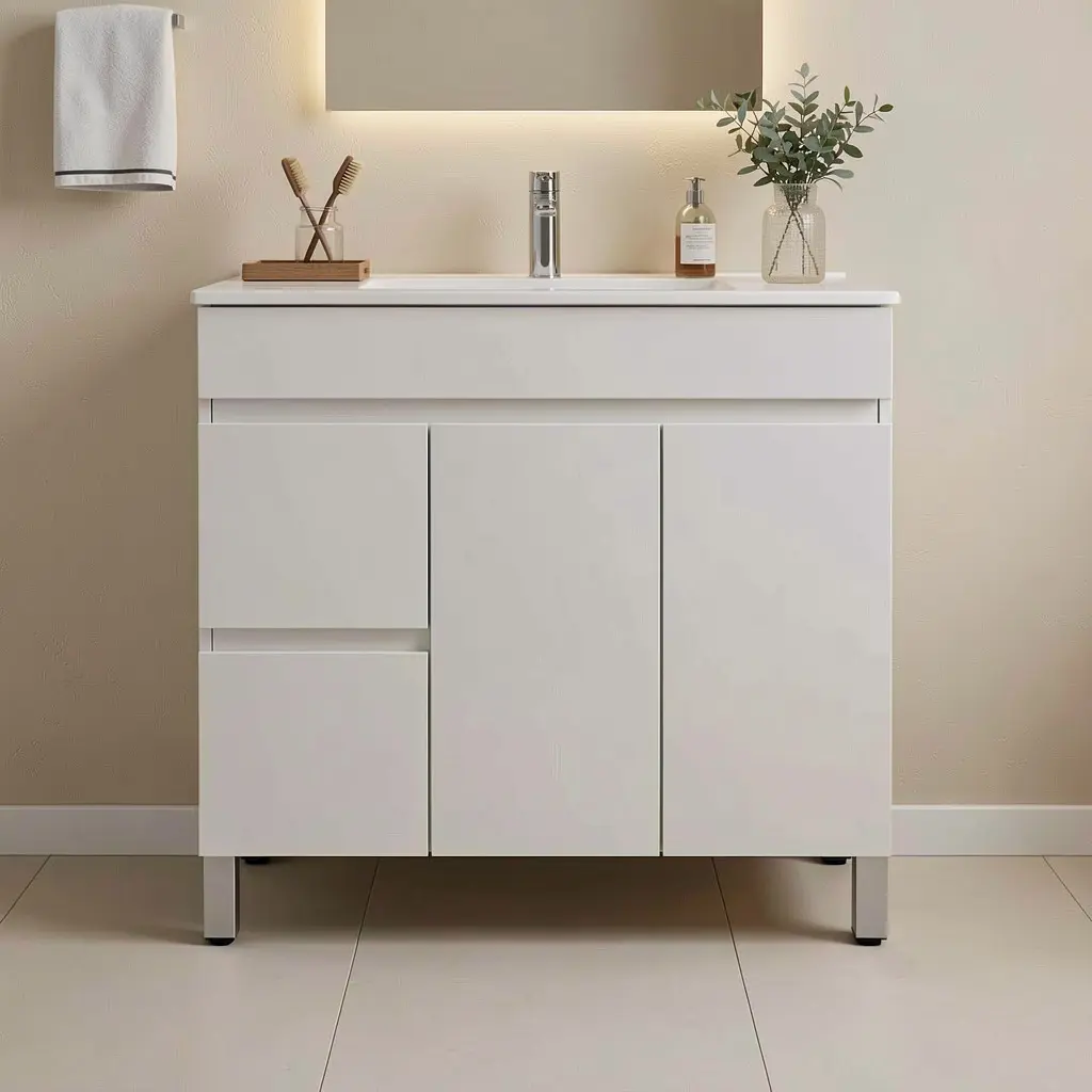 [91016/M93LL] 900Lx830Hx350Dmm Gloss White 2PAC MDF 2L/DW 2R/DR Freestanding Vanity