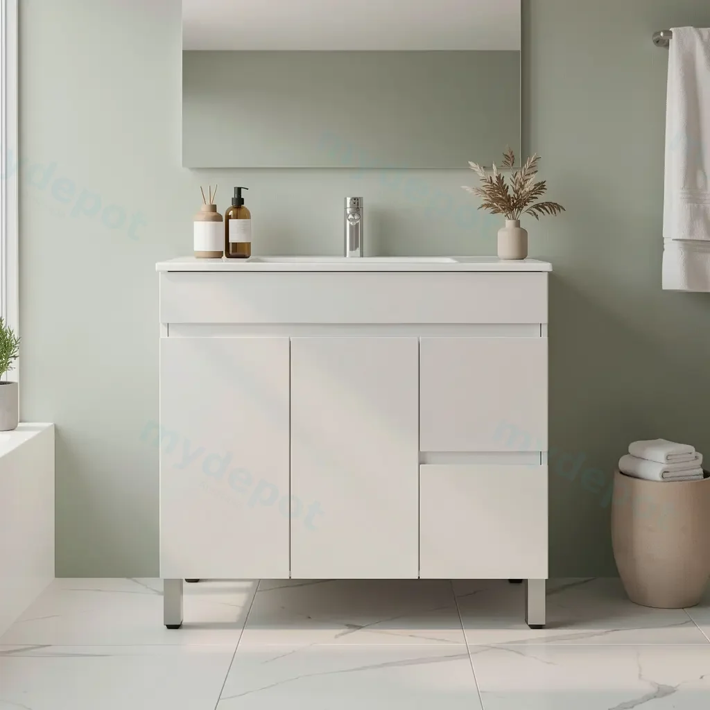 900Lx830Hx350Dmm Gloss White 2PAC MDF 2R/DW 2L/DR Freestanding Vanity