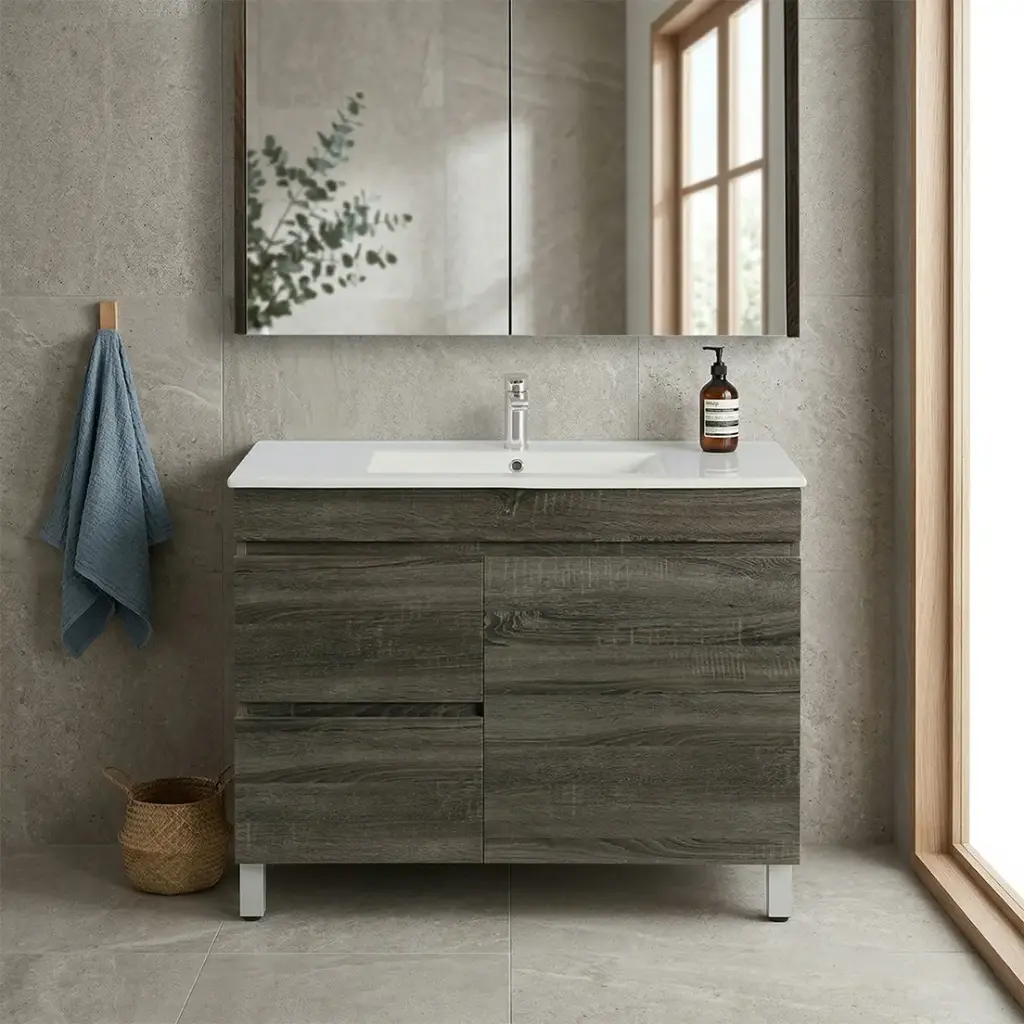 [93126/B94LL-DG] 900mm Dark Grey MDF Freestanding Bathroom Vanity Cabinet Only Right Drawer PVC Vacuum Filmed