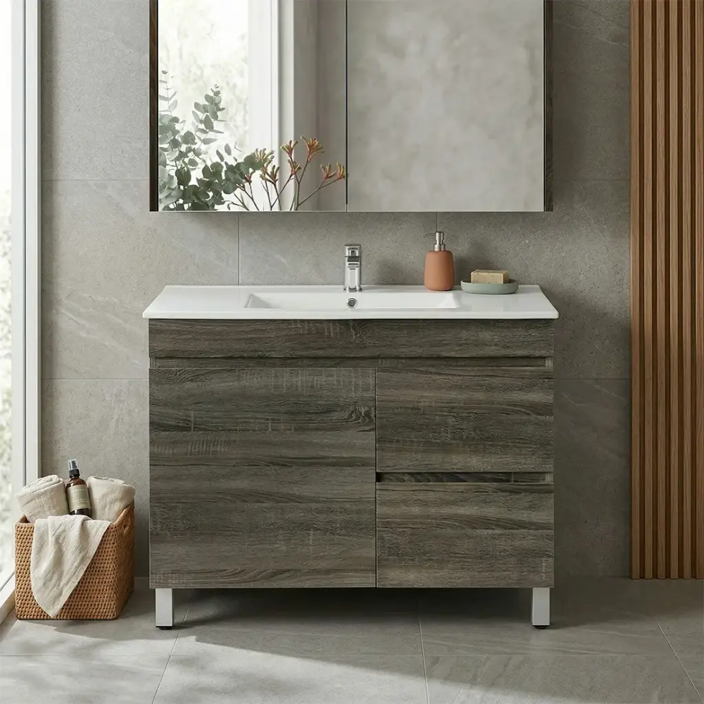 [93122/B94RL-DG] 900mm Dark Grey MDF Freestanding Bathroom Vanity Cabinet Only Left Drawer PVC Vacuum Filmed