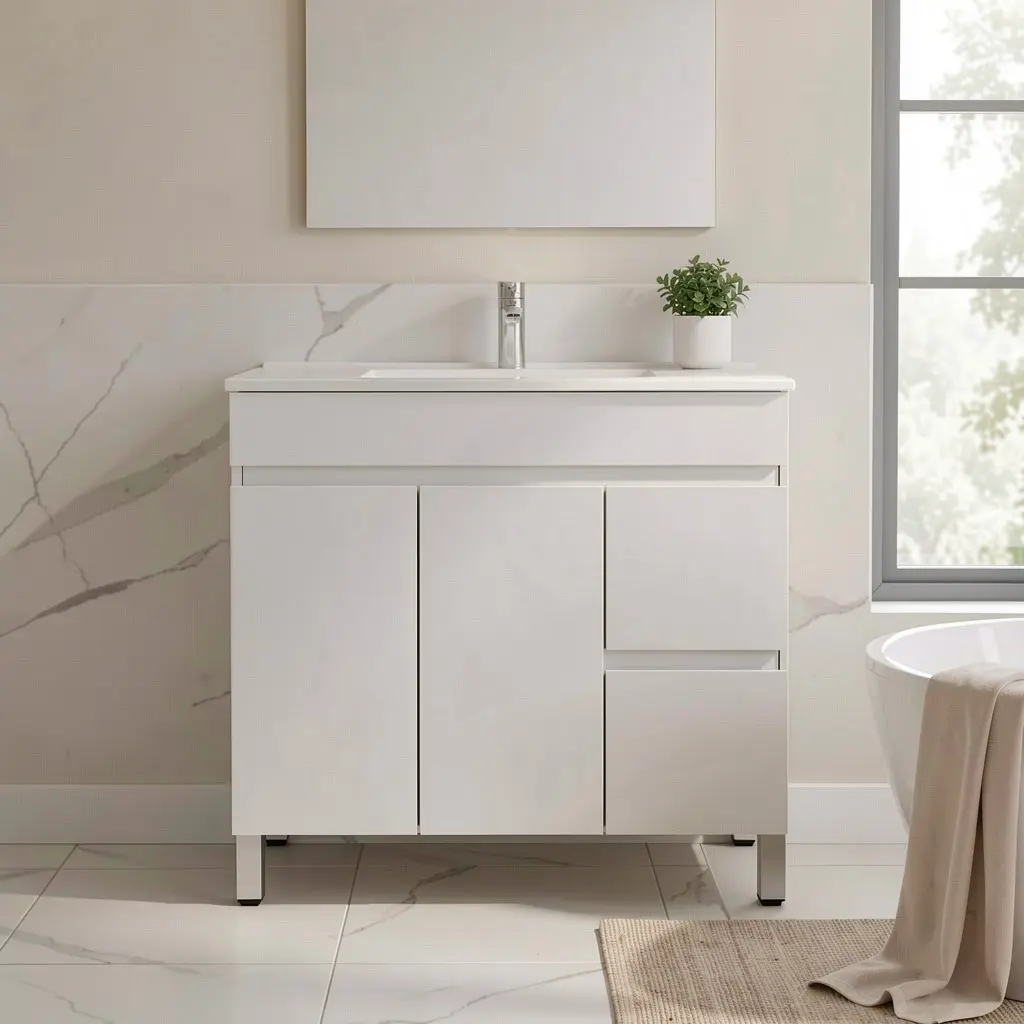 [91019/M94LR] 900mm Gloss White MDF 2 Right Drawers 2 Left Doors Freestanding Vanity Cabinet Only