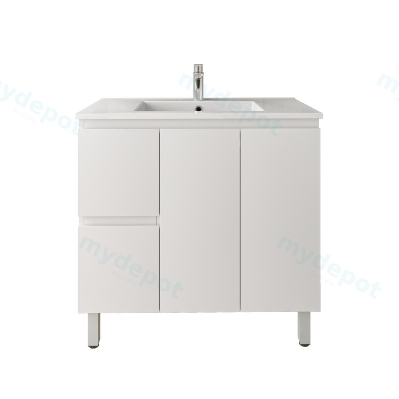 [92101/APVC94LL] 900mm Freestanding Bathroom Vanity Cabinet Only PVC Left Drawer Gloss White