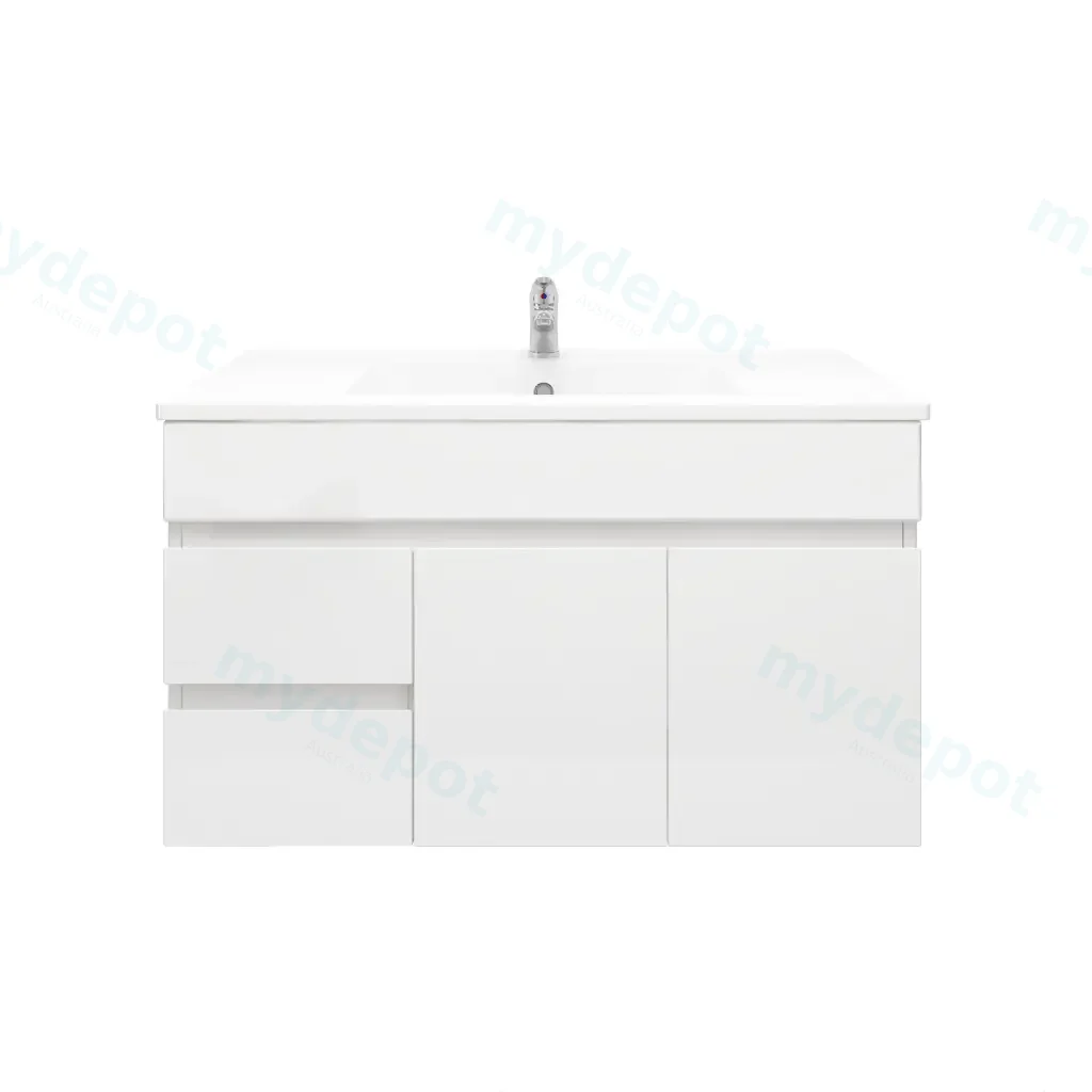 [92020/PVC94WL] 900mm Wall Hung Bathroom Vanity Cabinet Only PVC Left Drawer Gloss White