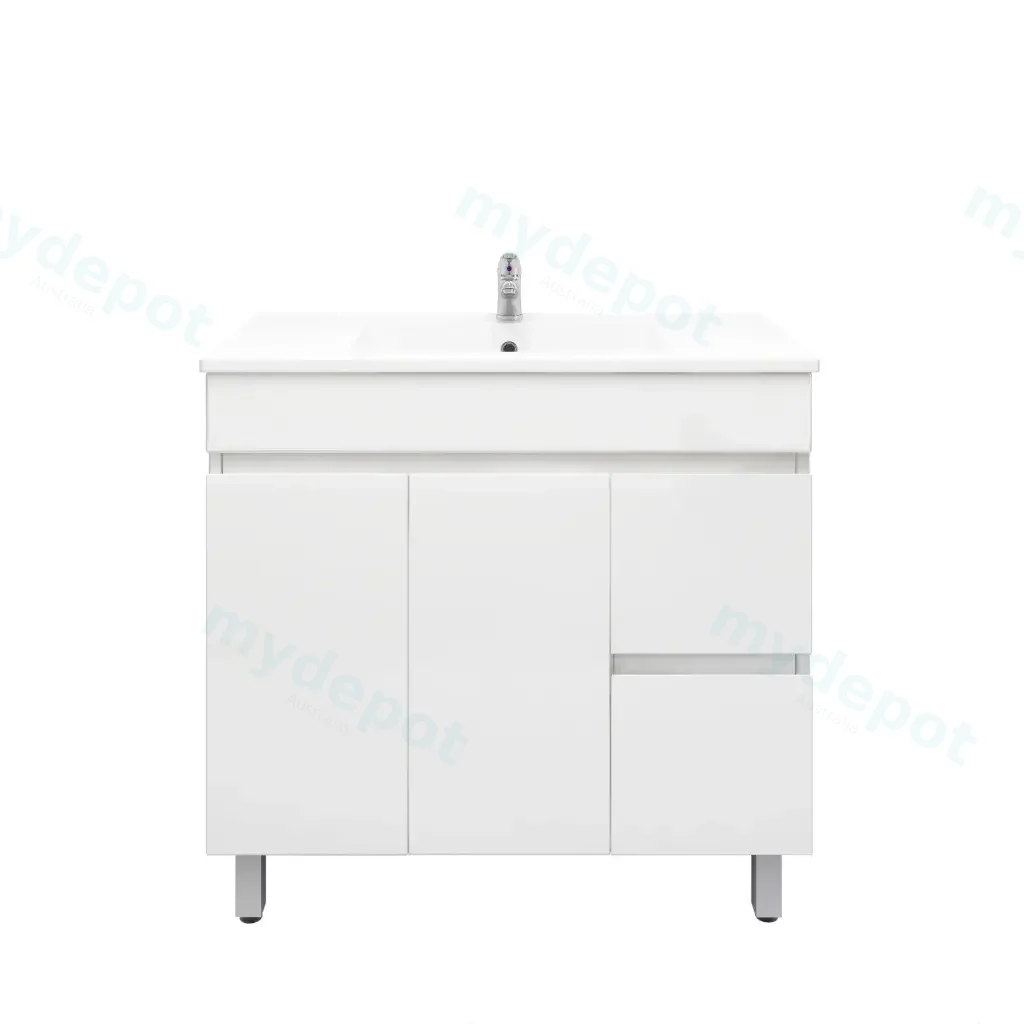 [92019/PVC94LR] 900mm Freestanding Bathroom Vanity Cabinet Only PVC Right Drawer Gloss White