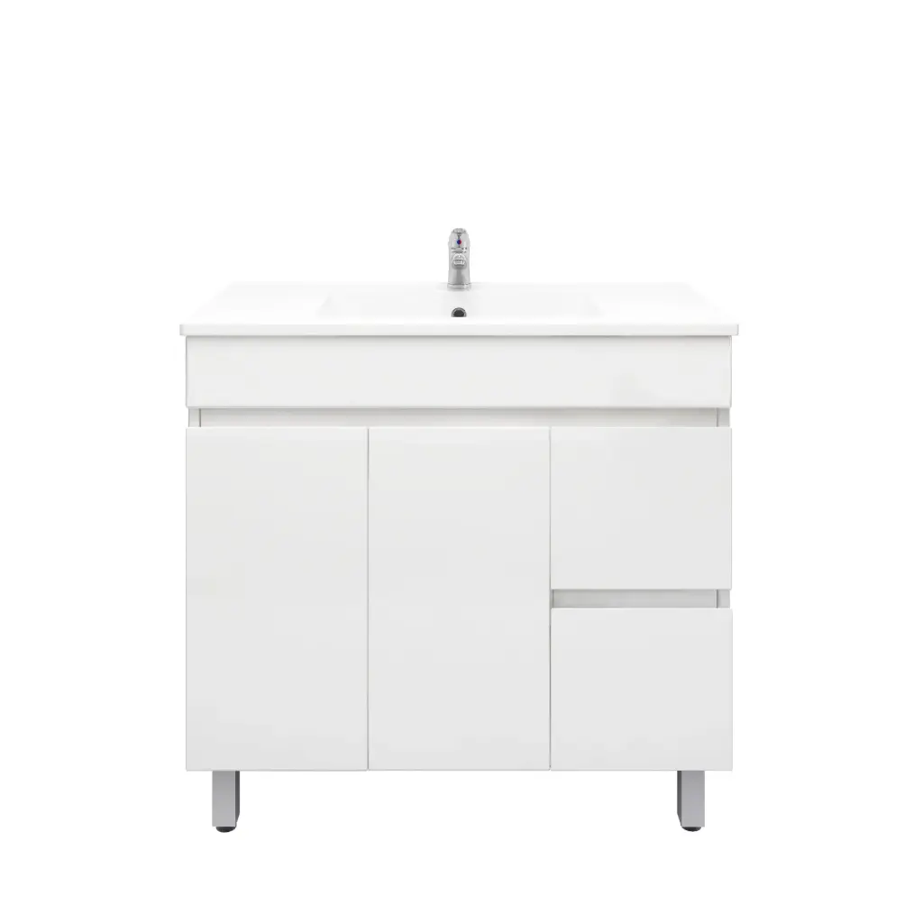 900mm Freestanding Bathroom Vanity Cabinet Only PVC Right Drawer Gloss White