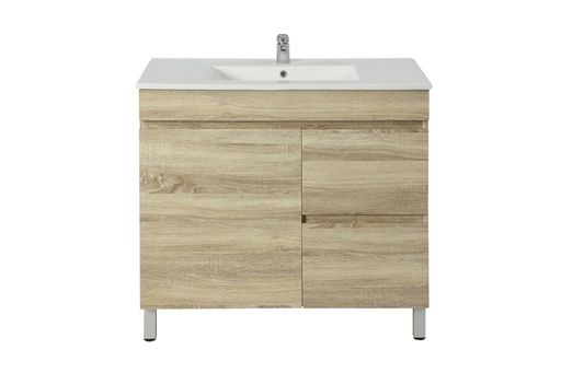 900mm White Oak MDF Freestanding Bathroom Vanity Cabinet Only Left Drawer PVC Vacuum Filmed