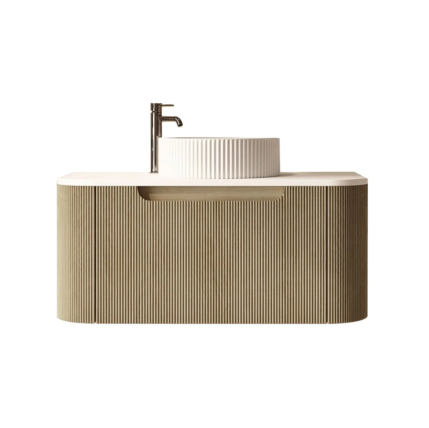 900x460x400mm Rome Bur Oak Round Edge Grooved Wall Hung MDF Vanity With White Quartz Stone Top One Soft Closing Drawer