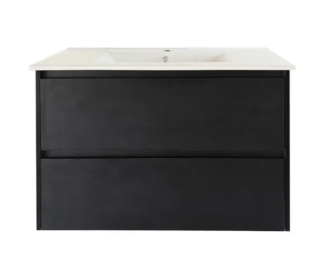 [50766] 900x460x560mm Hera Black Oak Wall Hung MDF Vanity With Carrara White Stone Top Two Soft Closing Drawers