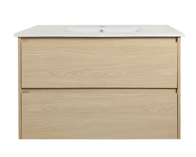 [50769] 900x460x560mm Hera Tas Oak Wall Hung MDF Vanity With Carrara White Stone Top Two Soft Closing Drawers