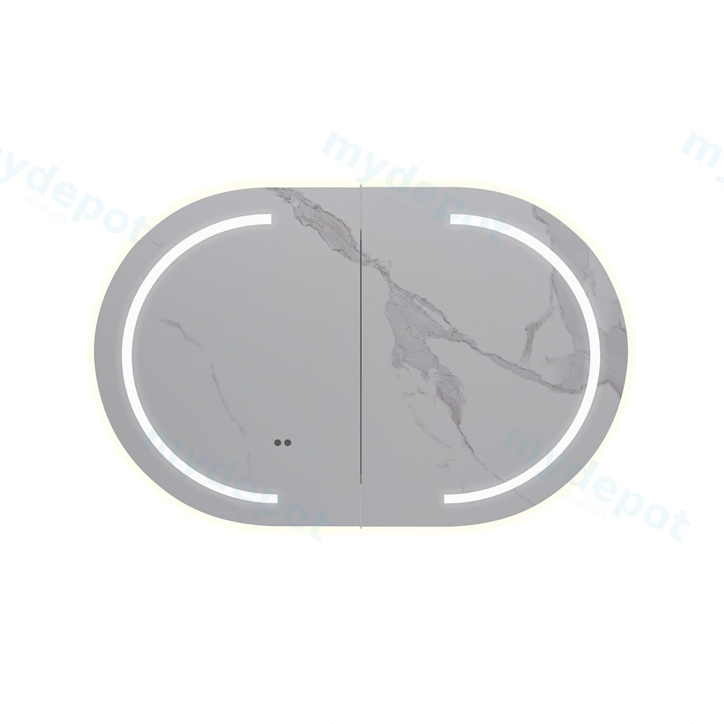 [91110/OSV9060MW-LED] 900mm Oval Matte White MDF Two Doors LED Shaving Cabinet