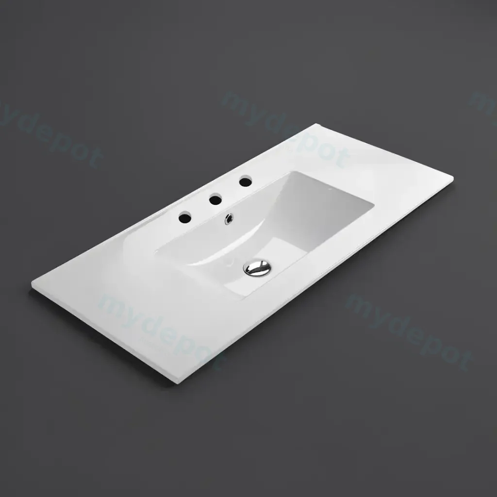 905*463*175mm Gloss White Crete Fine Ceramic Counter Top 3 Tap Hole Overflow,32mm Waste