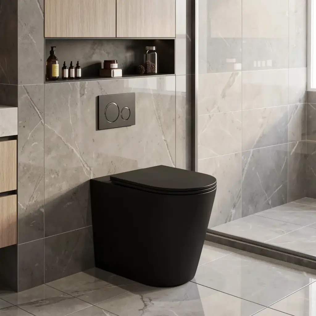 [50328] Berlin99 Matt Black Floor Pan With Slim UF Seat Cover Quiet Flushing Technology