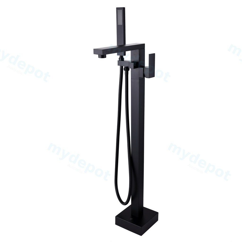 Black freestanding bath mixer with handheld shower