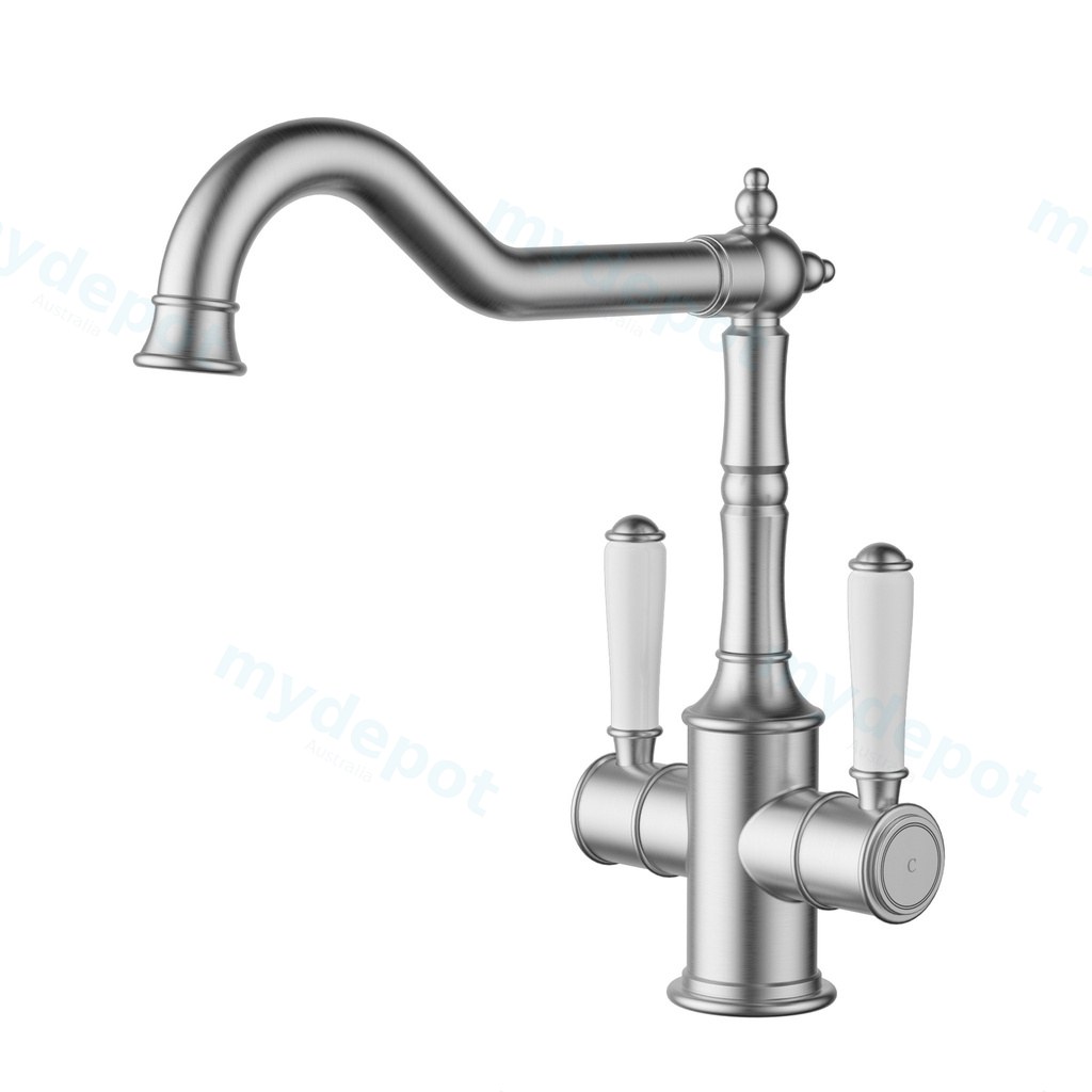 [44669] Clasico Twin Handle Sink Mixer Ceramic Handle Brushed Nickel