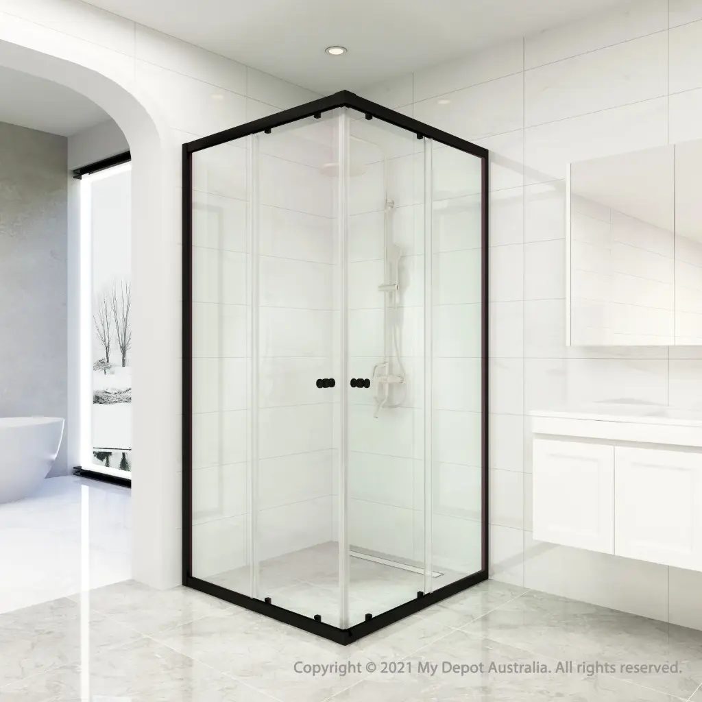 [89002] Corner Entry Double Slider Shower Screen Black Fittings 875x875mm