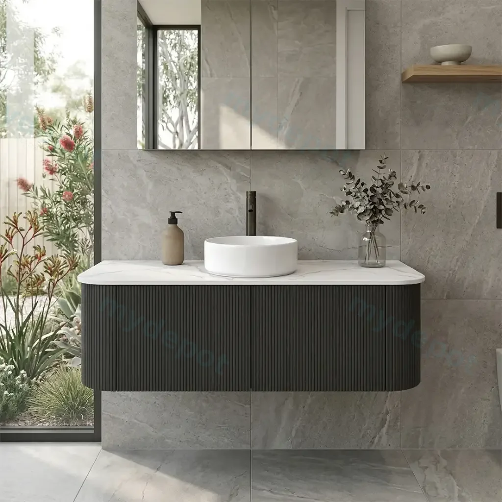 [93387/KC125W-MB] Kiama 1200mm Matte Black Two Drawers Curved Wall Hung Vanity Cabinet Only