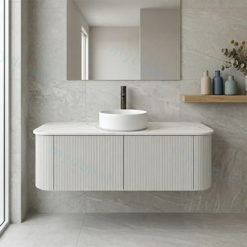 Kiama 1200mm Matte White Two Drawers Curved Wall Hung Vanity Cabinet Only