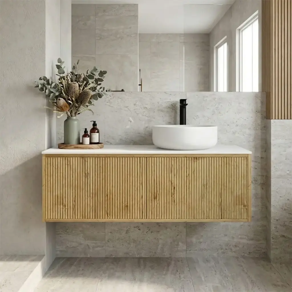 [93267/K125LW-PO] Kiama 1200mm Prime Oak One Left DrawerOne Right Door Wall Hung Vanity Cabinet Only