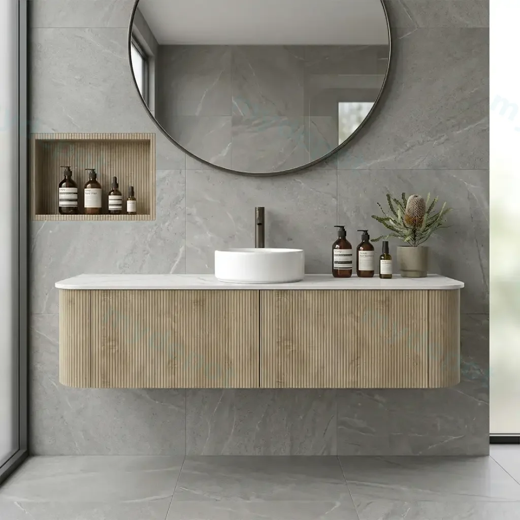 1500mm Kiama White Oak Two Drawers Curved Wall Hung Vanity Cabinet Only