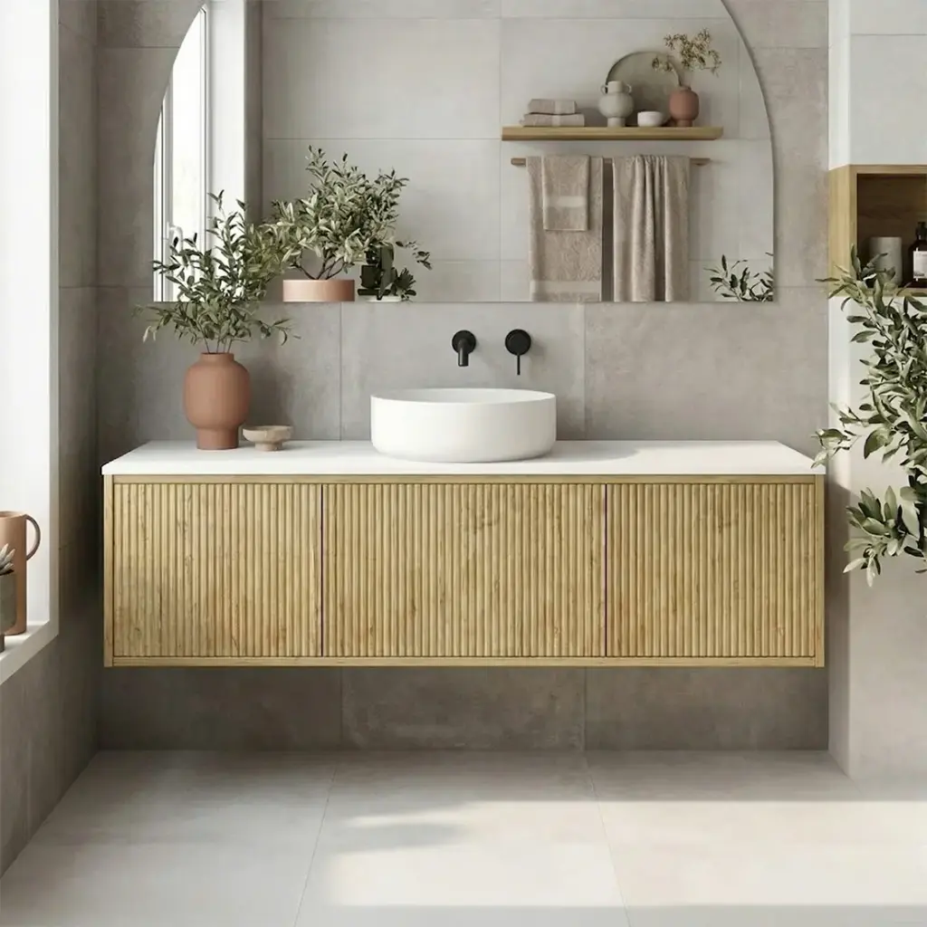 [93269/K155W-PO] 1500mm Kiama Prime Oak Middle Door Wall Hung Vanity Cabinet Only