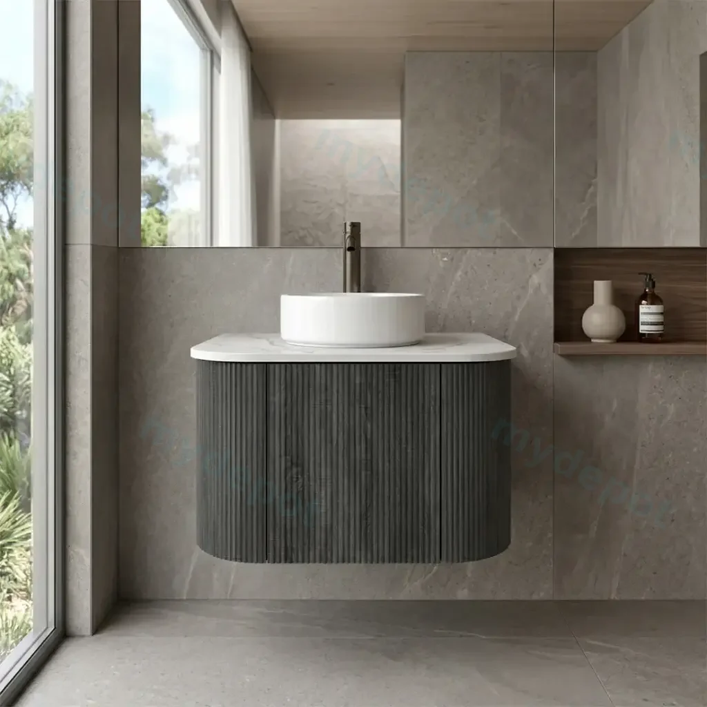 Kiama 600mm Dark Grey One Door Curved Wall Hung Vanity Cabinet Only