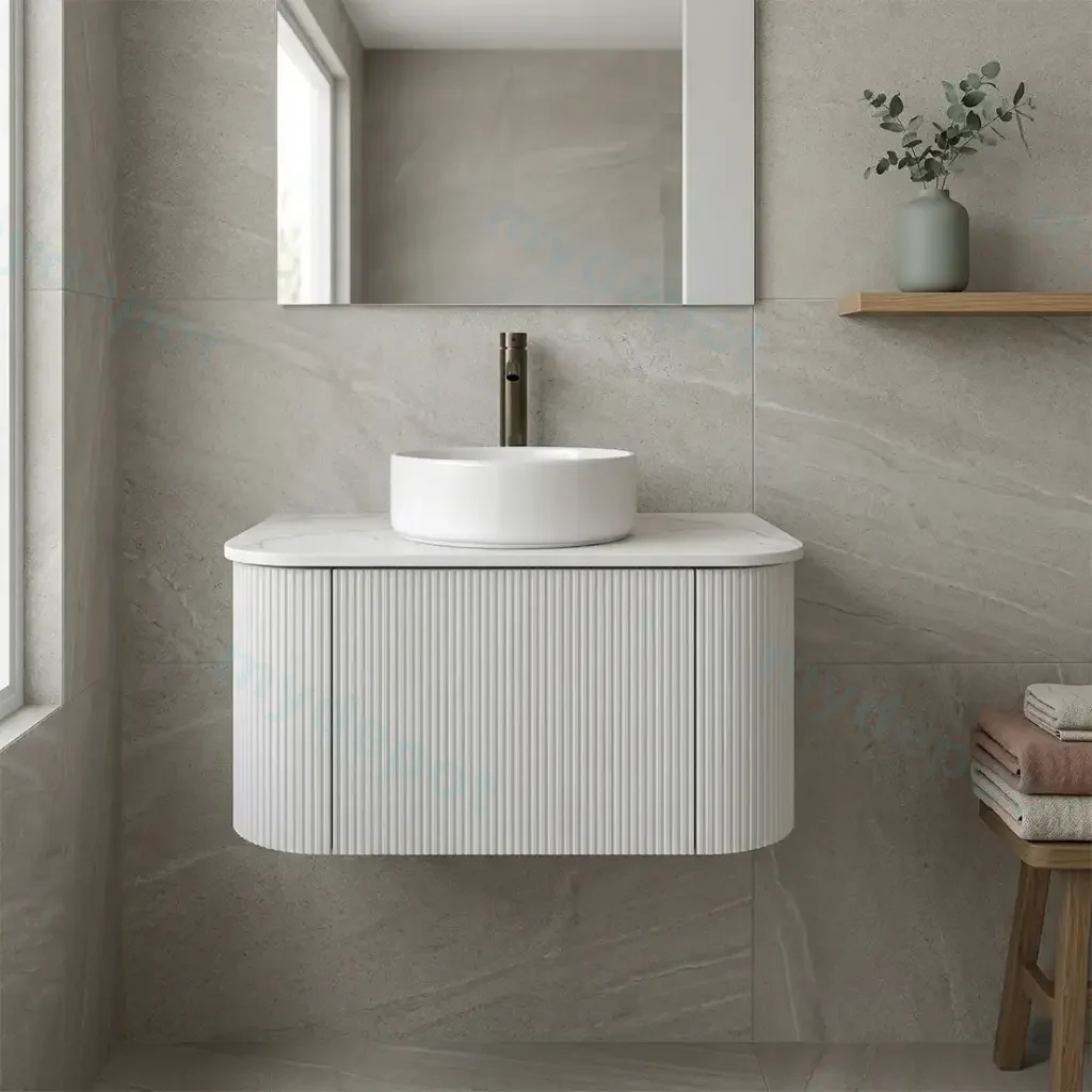 Kiama 750mm Matte White One Drawer Curved Wall Hung Vanity Cabinet Only